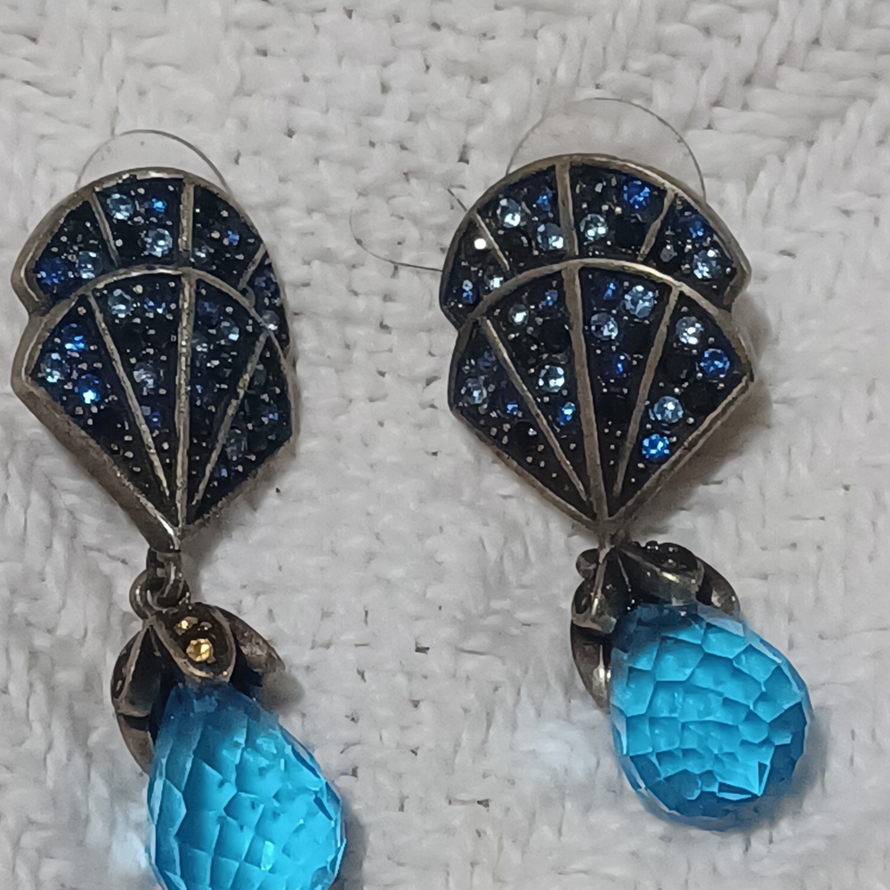 La Vintage Signed Cobalt Blue Crystal Statement Dangle Earrings